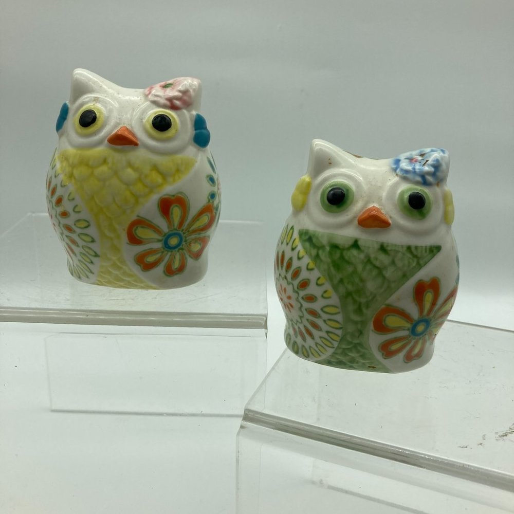 Pier 1 One Owl Boho Flowers Hippie Salt & Pepper Shakers EUC Bright Colors